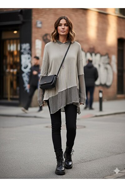 Miss BuBu Collection Kadın Asimetrik Kesim Fileli Kapüşonlu Bluz