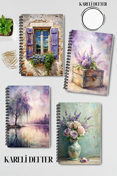 qoeuyl boutique Purple Dream Nostalgic Design Wire Spiral A5 Squared 4-Piece Souvenir, Memory, School Notebook Set