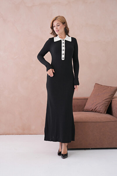 Park Karon Women's Polo Neck Button Detail Ribbed Knit Long Knitwear Dress