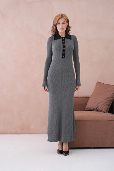 Park Karon Women's Polo Neck Button Detail Ribbed Knit Long Knitwear Dress