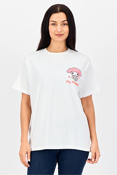 Disney تي شيرت My Melody نسائي بياقة دائرية وأكمام قصيرة وطبعة جرافيكية، أبيض