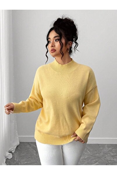 Dier Moda Women's Butter Yellow Mock Neck Oversized Knitwear Sweater, Knitwear Sweater Fmoda1966