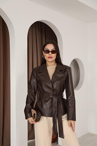 İgnites سترة مبطنة بالجلد البني مع حزام-IGNİTES-00022