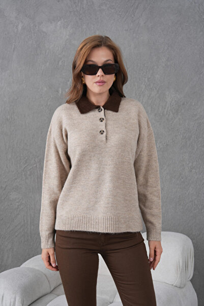 Park Karon Women's Polo Neck Half Placket Buttoned Knit Sweater