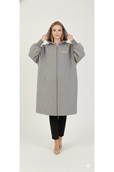 cemo Women's Gray Hooded Balloon Sleeve Zippered Coat Oversized Midi Length Winter Cashmere Coat