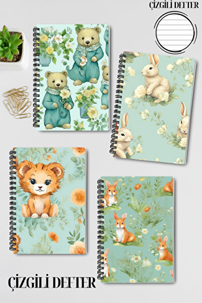 qoeuyl boutique Puppy Cute Animals No:2 Design Wire Spiral A5 Lined 4-Piece Souvenir, Memory, School Notebook Set