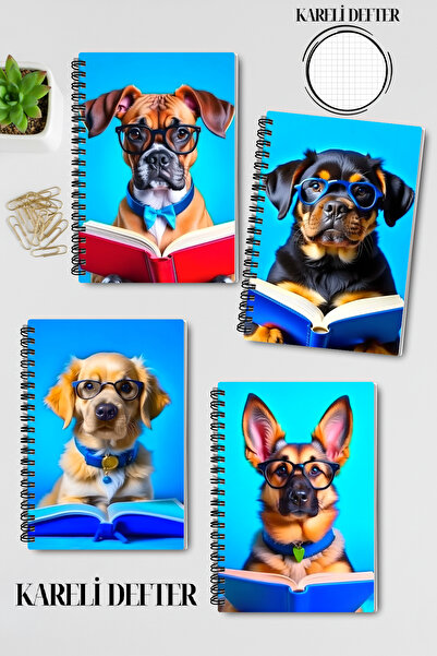 qoeuyl boutique Set de caiete de 4 bucăți, cu design câini drăguți care citesc cărți, cu spirală, format A5, cu carouri, pentru suveniruri, amintiri, școală