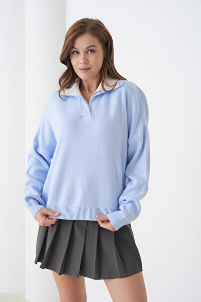 Park Karon Women's Polo Neck Paneled Soft Textured Knitwear Sweater