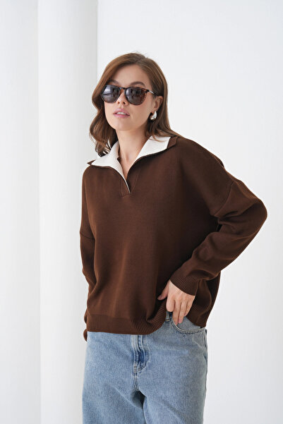 Park Karon Women's Polo Neck Paneled Soft Textured Knitwear Sweater