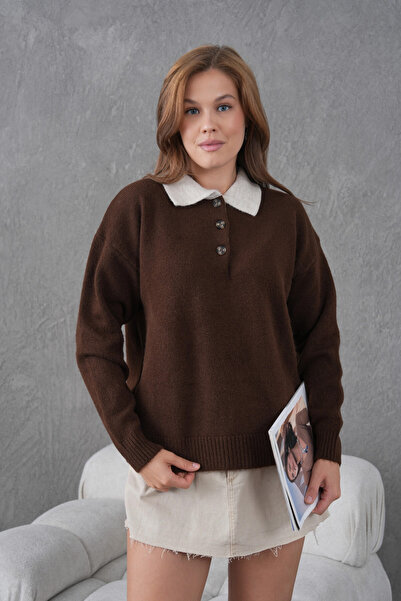 Park Karon Women's Polo Neck Half Placket Buttoned Knit Sweater