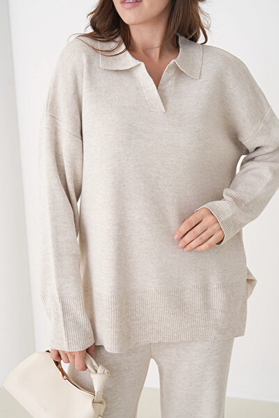 Park Karon Women's Polo Neck Slit Oversized Sweater Palazzo Pants Knitwear Bottom-Top Set