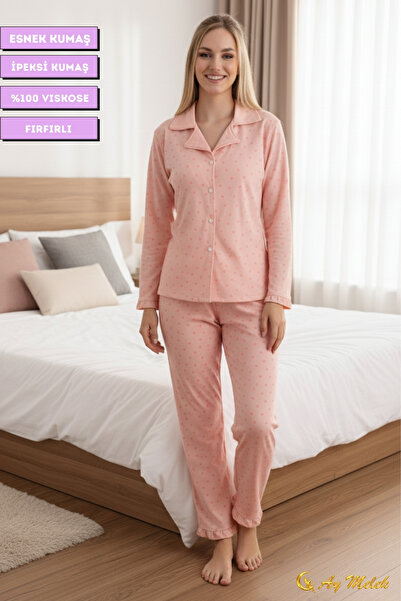 AYMELEK Women's Pajama Set with Patterned Cotton and Ruffle Detail Polo Neck Set