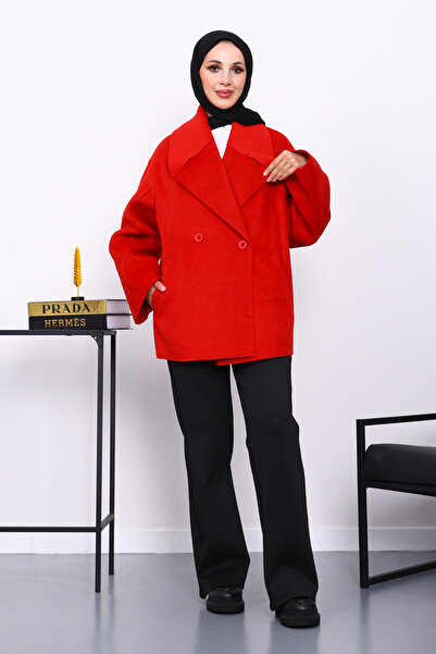İmajButik Red Double Pocket Buttoned Cashmere Coat