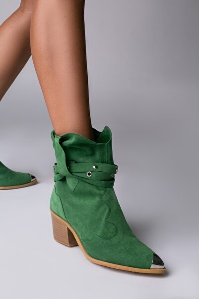 Vanilla Days Emira Green Suede Western Boots with Silver Accents