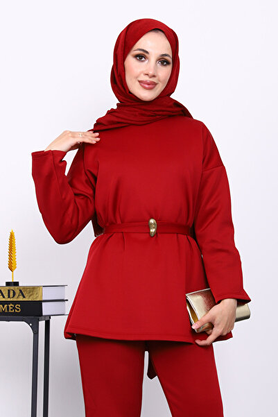 İmajButik Burgundy Belted Tunic with Pants Scuba Suit