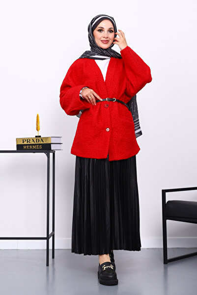 İmajButik Oversized Boucle Jacket with Red Belt