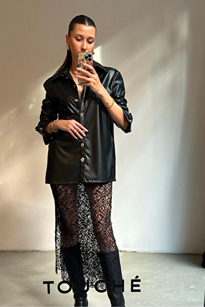 Touché Privé Faux Leather Shirt with Wide Cuffs