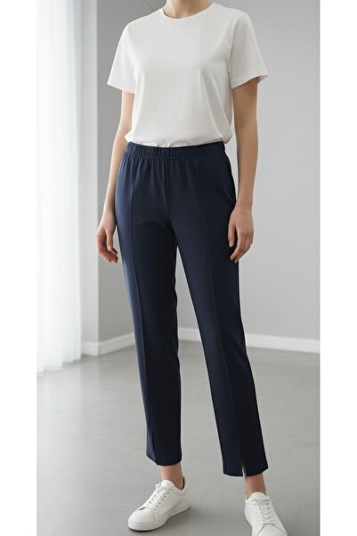 Dagü Design بنطلون سكوبا نسائي باللون الأزرق الداكن مع شقوق وخطوط مزخرفة