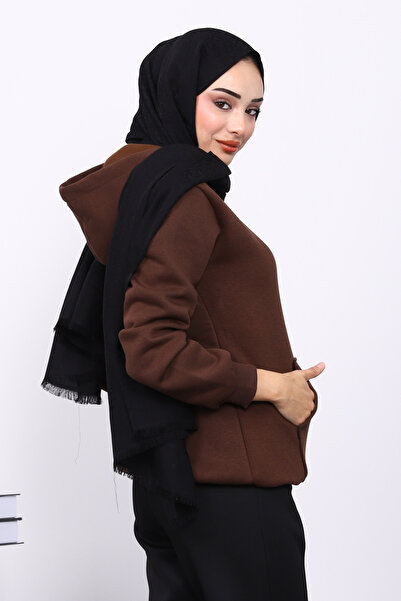 İmajButik Καφέ Ζακέτα με τρεις κλωστές με τσέπες καγκουρό επένδυση fleece