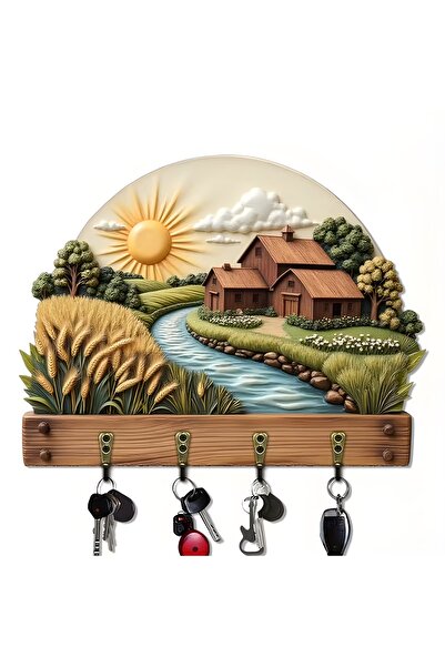 TuraLazerKesim 2D Düz, Çok Amaçlı Ahşap Anahtarlık, Dört Metal Kancalı, Duvar...