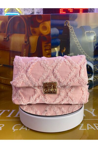 Still kadın çarpraz omuz çantası ithal yünlü pembe renk