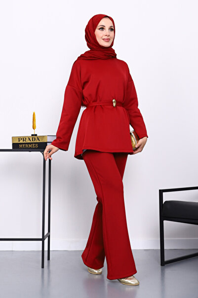 İmajButik Burgundy Belted Tunic with Pants Scuba Suit