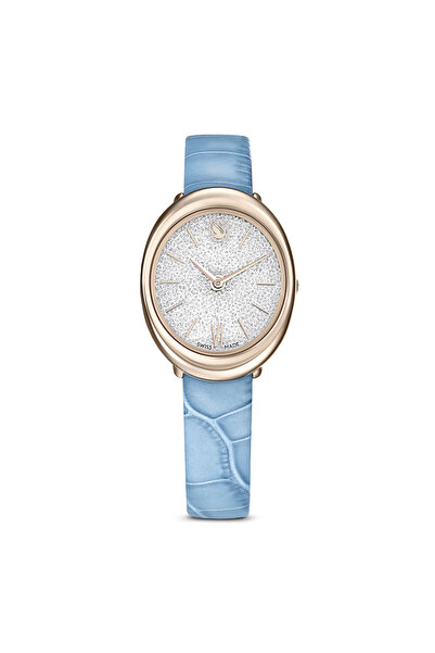 Swarovski ساعة إمبر بيضاوية، صناعة سويسرية، حزام جلدي، أزرق، سطح ذهبي بلون ال...