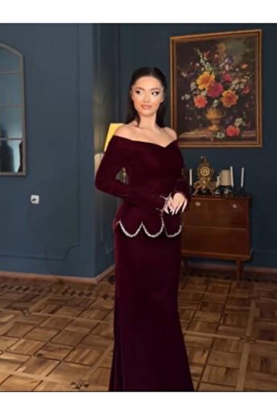 Nice Model Burgundy Velvet Off-Shoulder Formal Gown with Long Sleeves and Crystal Waist Detail