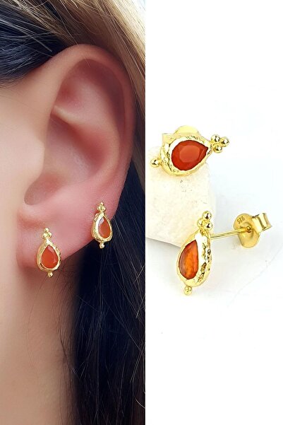 OSESHOP 925ayar Gümüş Üzerine Altın Kaplama Tasarım Akik Taşı Minimal Küpe