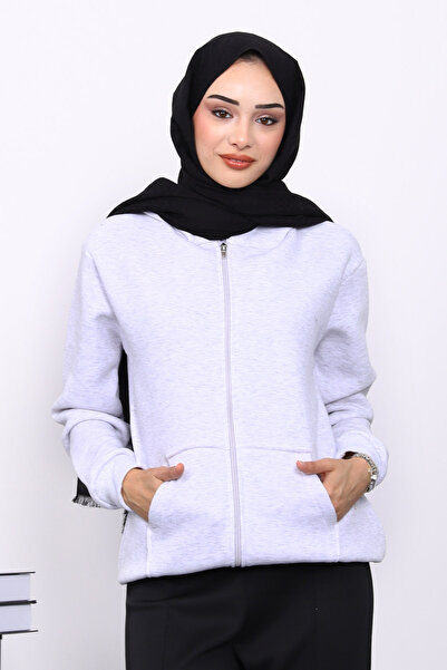 İmajButik Light Gray Kangaroo Pocket Fleece-Lined Three Thread Cardigan