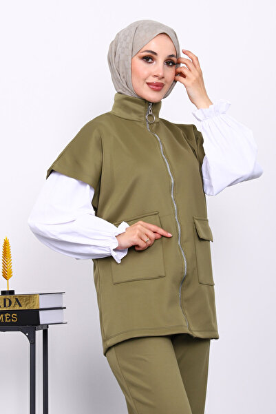 İmajButik Khaki Zippered Pocket Vest and Pants Scuba Suit