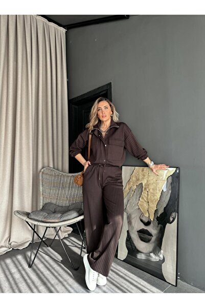 Zerrincan Giyim Kahve Çizgili Geniş Cepli Spor Takım