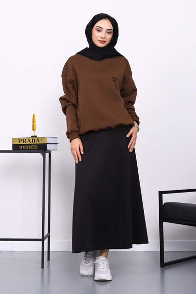 İmajButik Καφέ πουλόβερ με λαιμόκοψη με τρία νήματα