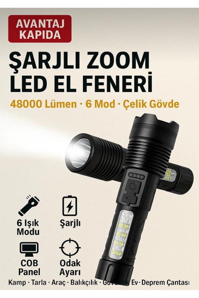 EMİN ENSAR HOME Şarjlı Zoom Led El Feneri 48000 Lümen Çelik Gövde 6 Modlu Kam...