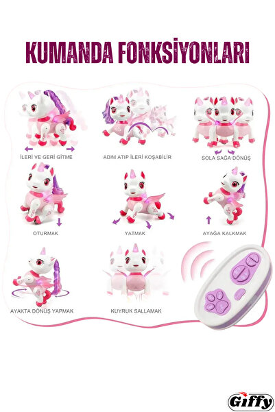 giffy Uzaktan Kumandalı Unicorn 🦄 Pilsiz Dahili Şarjlı Dans Eden Sesli Işıklı Full Fonksiyon RC Robot