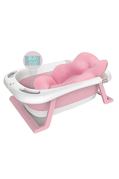 Krista Foldable baby bath frame with sponge holder and thermometer, pink