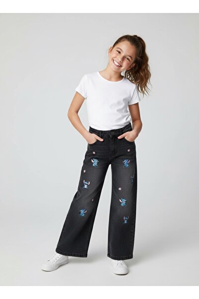 Kids Addakidz Stitch Baskılı Kız Çocuk Bol Kesim Siyah Jean Pantolon