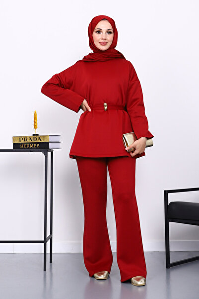İmajButik Burgundy Belted Tunic with Pants Scuba Suit