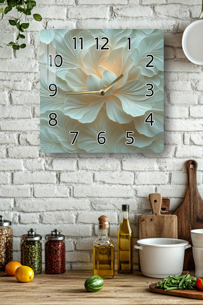 kutuTR 3D Görünümlü Temperli Cam Kare Saat – Soyut Çiçek Desenli UV Baskı 33x...