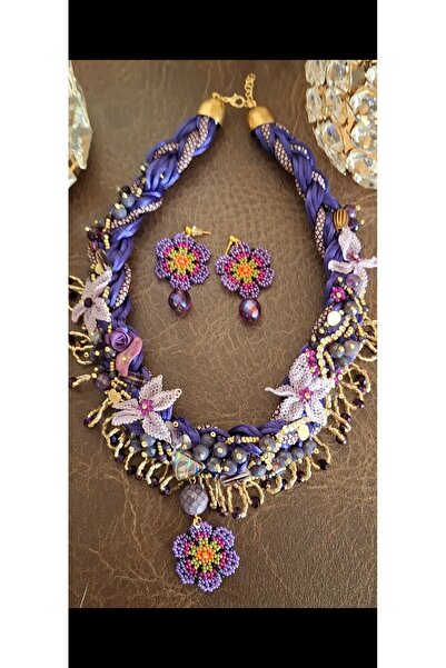 azra takı tasarım Handmade Authentic Purple and Colorful Natural Stone Bohemian Design Women's Short Necklace and Earrings Set
