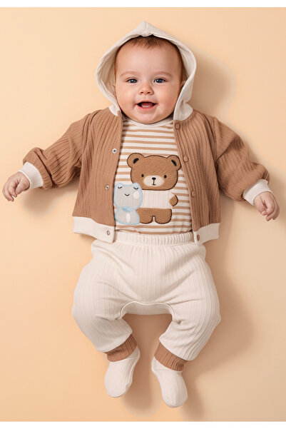 Tuabella 100% Cotton Hooded Men's 3-Piece Baby Set (Cardigan + Snap Fastener Bodysuit + Bottoms)