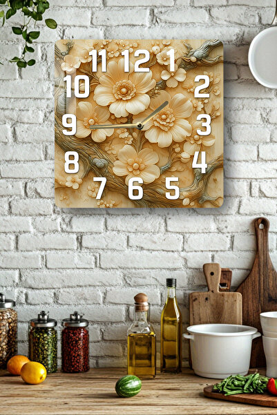 kutuTR 3D Look Tempered Glass Square Clock – Cream Flower Pattern Uv Printing 33X33 Cm- Kcs128
