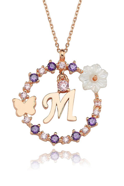Eva Jewelry M Harf Sallantılı Manolya Çiçeği 14K Rose Altın Kaplama Kadın Kolye