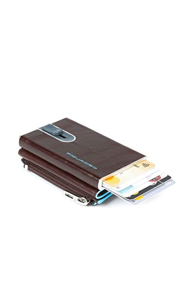 PIQUADRO , Blue Square, Leather Portcard, Square sliding system with zippered coin pocket