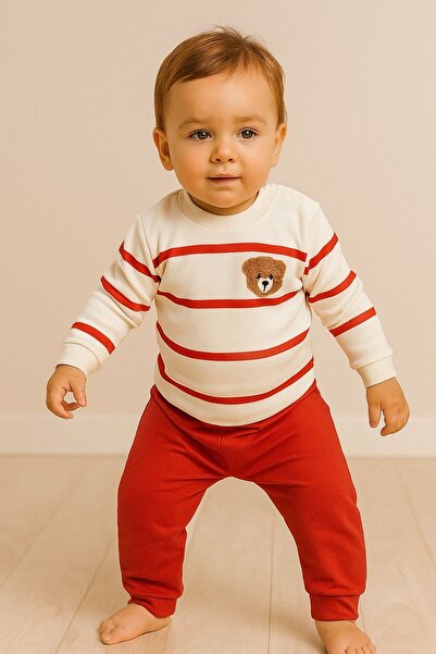 MixMax Bebe Baby Boy Süzine Bear Striped Bottom Top Long Sleeve Baby Set 100% Cotton