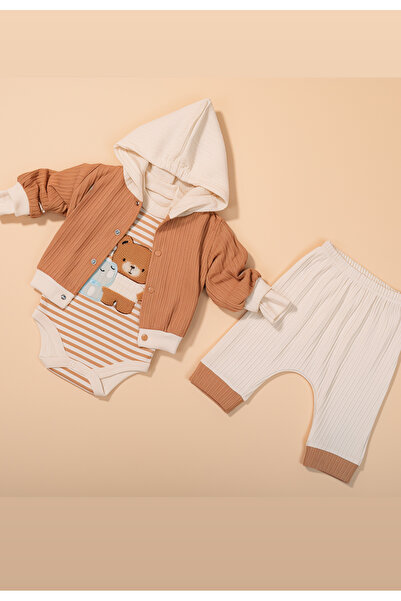 Tuabella 100% Cotton Hooded Men's 3-Piece Baby Set (Cardigan + Snap Fastener Bodysuit + Bottoms)