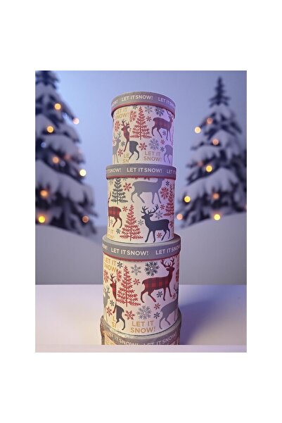 Xmas Set of 3 Round Gift Boxes "Let it Snow" with Reindeer and Snowflakes - F...