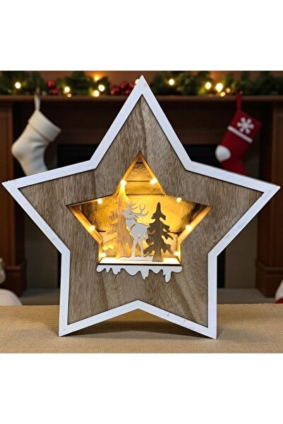 Xmas Decor luminos din lemn în formă de stea „Pădurea de iarnă” – scenă de Cr...