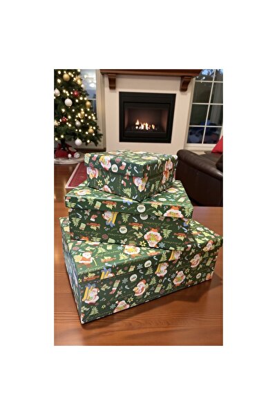 Xmas Set of 3 Christmas gift boxes – green pattern with Santa Claus and festi...