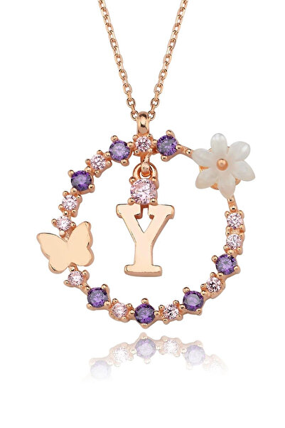 Eva Jewelry Y Harf Sallantılı Manolya Çiçeği 14K Rose Altın Kaplama Kadın Kolye